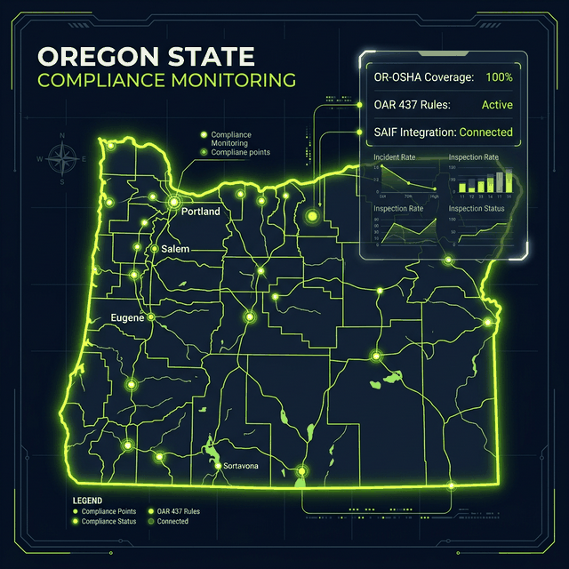 Oregon state compliance map with monitoring points and regulatory coverage